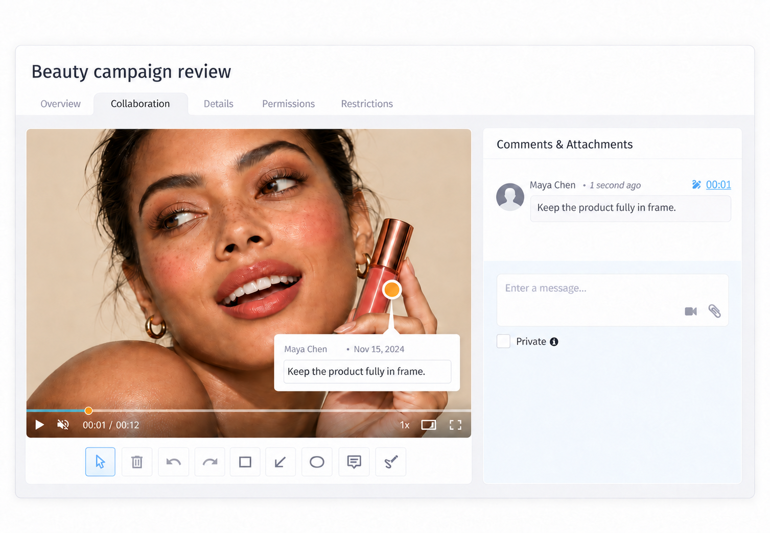 Beauty campaign review with annotation and comments panel