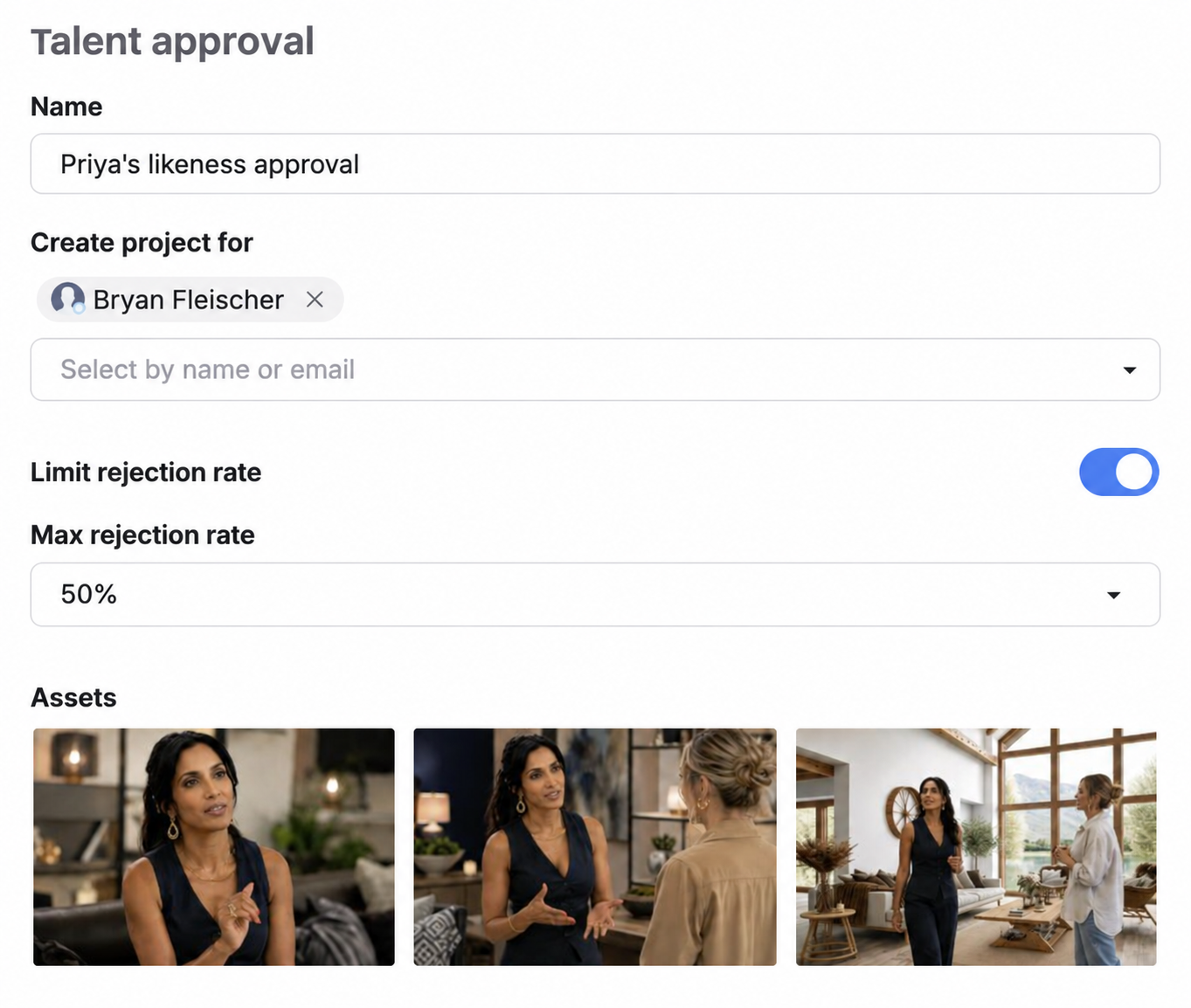 Talent approval setup with reviewer and rejection rate limit