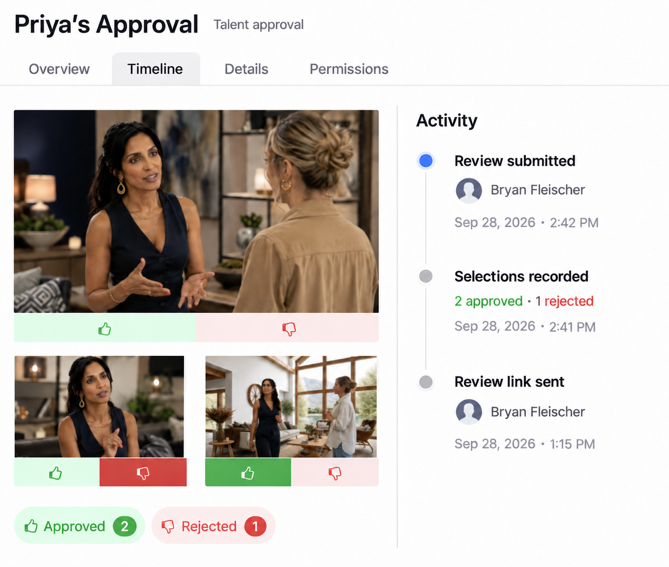 Talent approval activity timeline showing submitted review and recorded selections