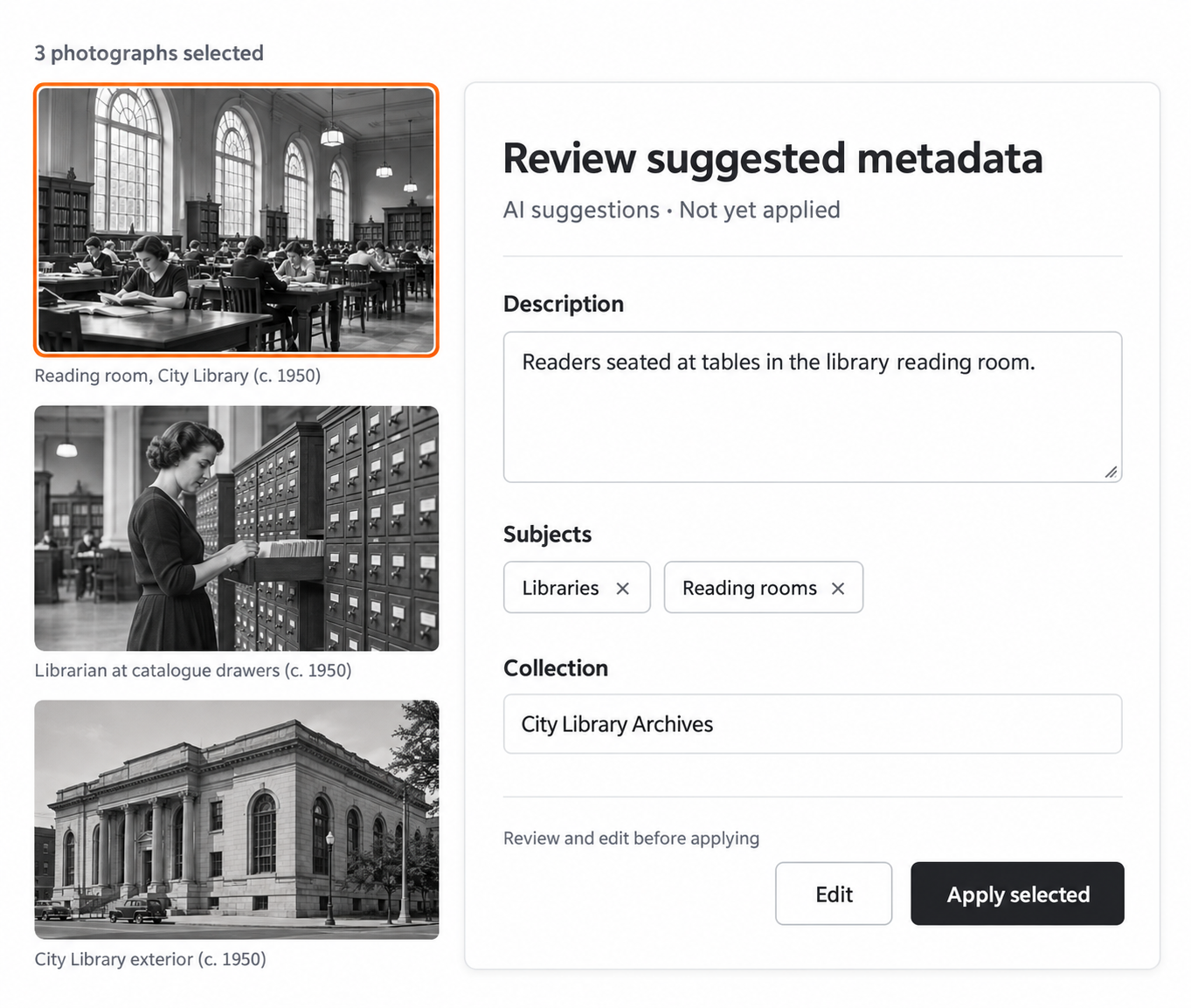 Archivist reviews AI-suggested metadata