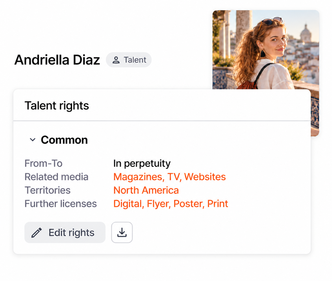 Auburn-haired talent rights profile