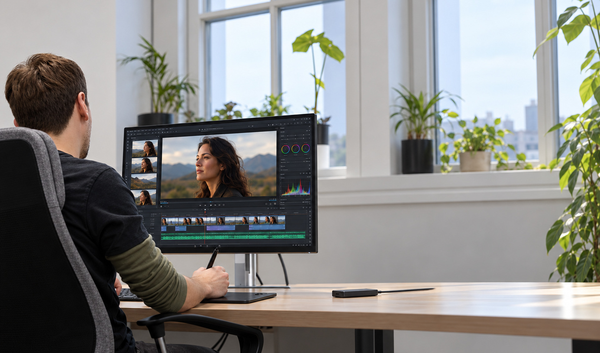Editor at work, mountain on screen