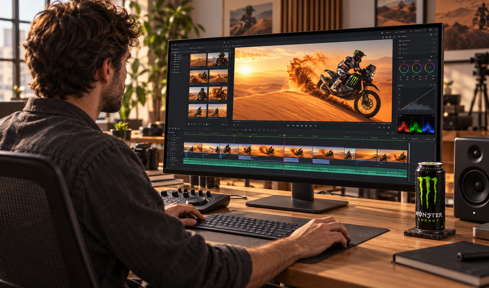 Creative team editing a desert racing energy drink campaign