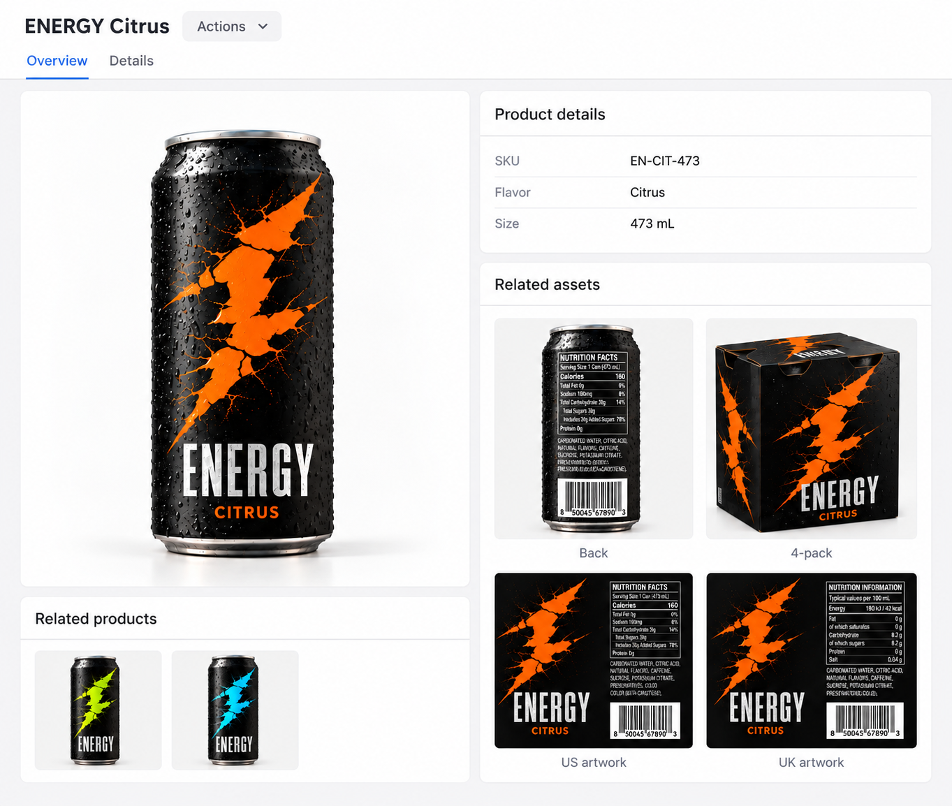 Product overview with SKU details and related assets
