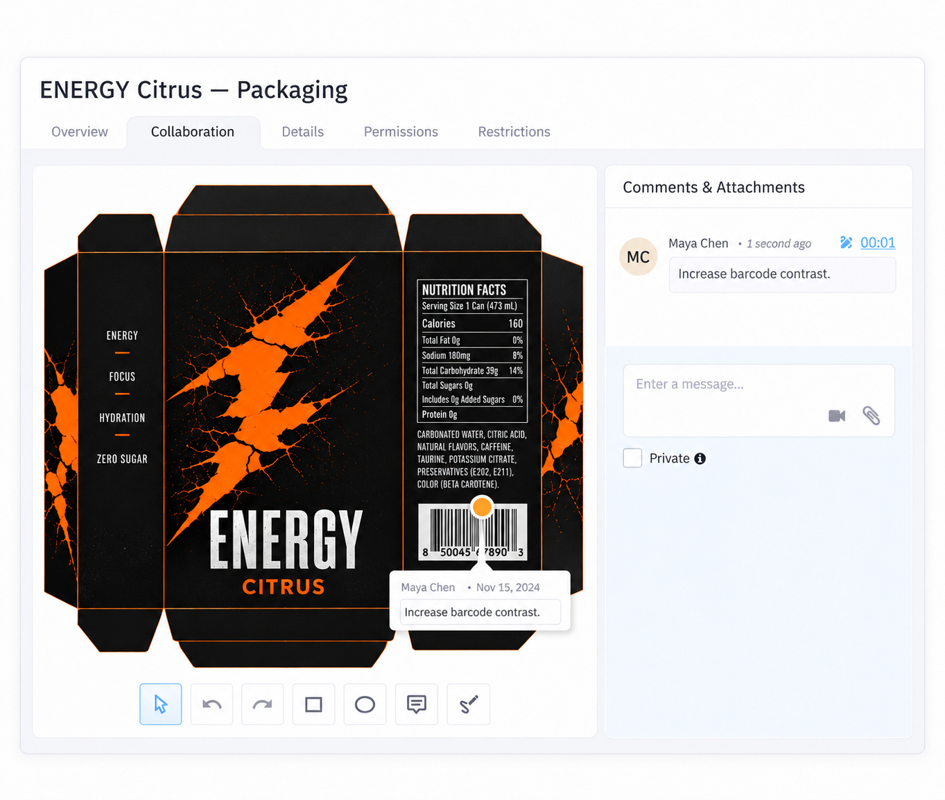 Packaging dieline review with markup and comments