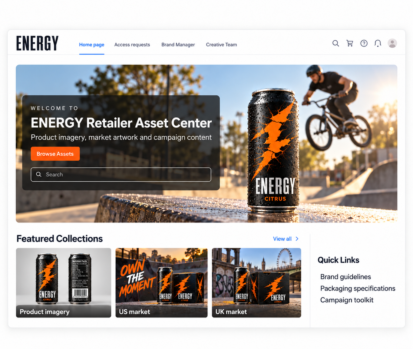 Retailer asset center portal with featured collections