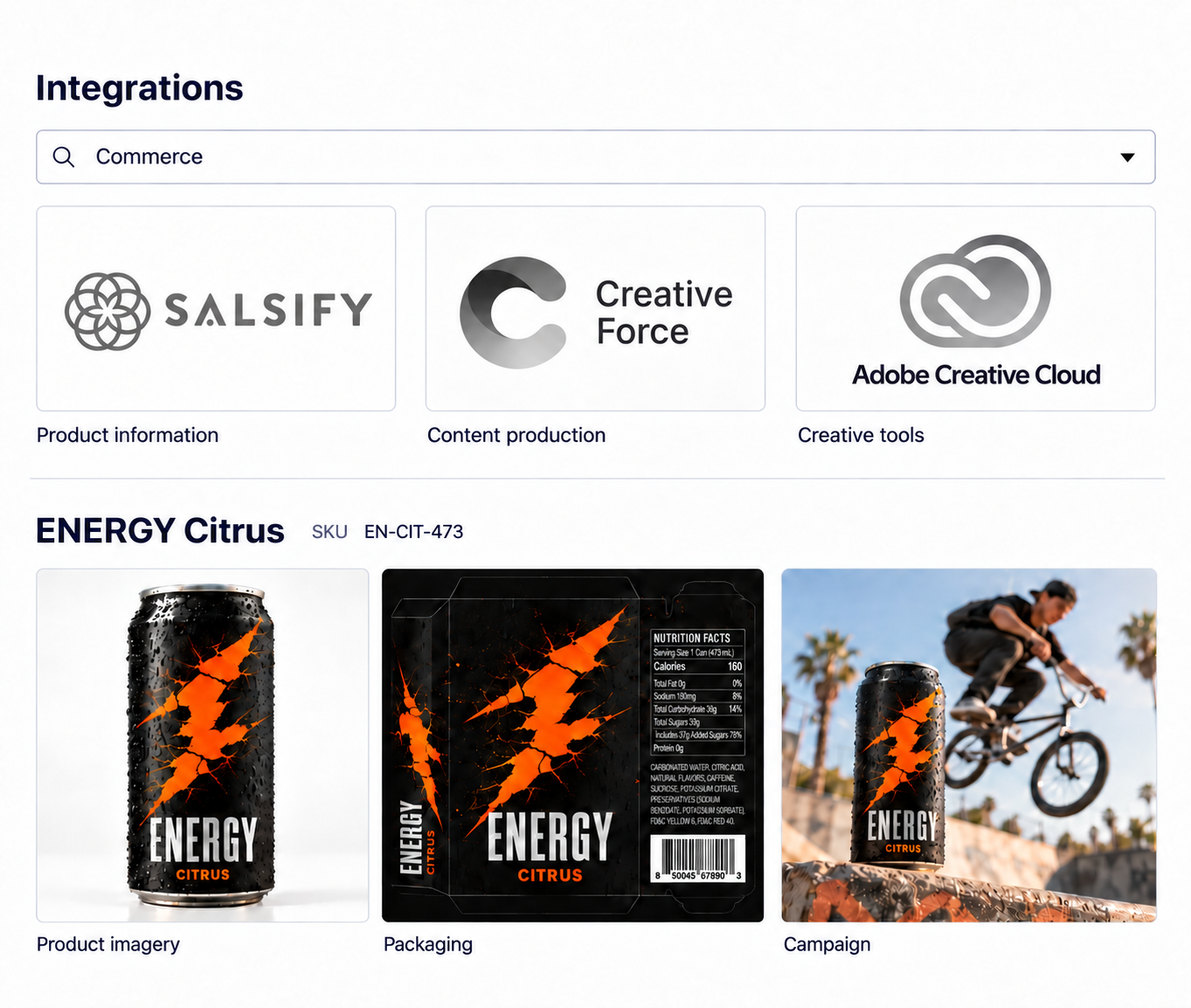 Commerce integrations connected to product campaign assets