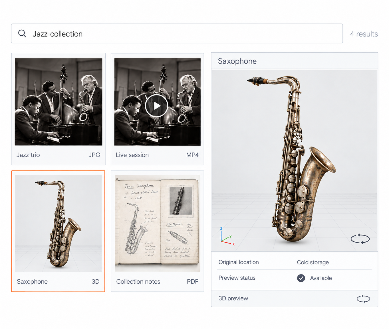 Archive search results with a saxophone asset preview