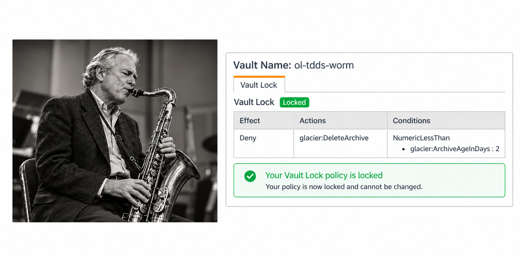 Saxophonist photo beside a Vault Lock policy