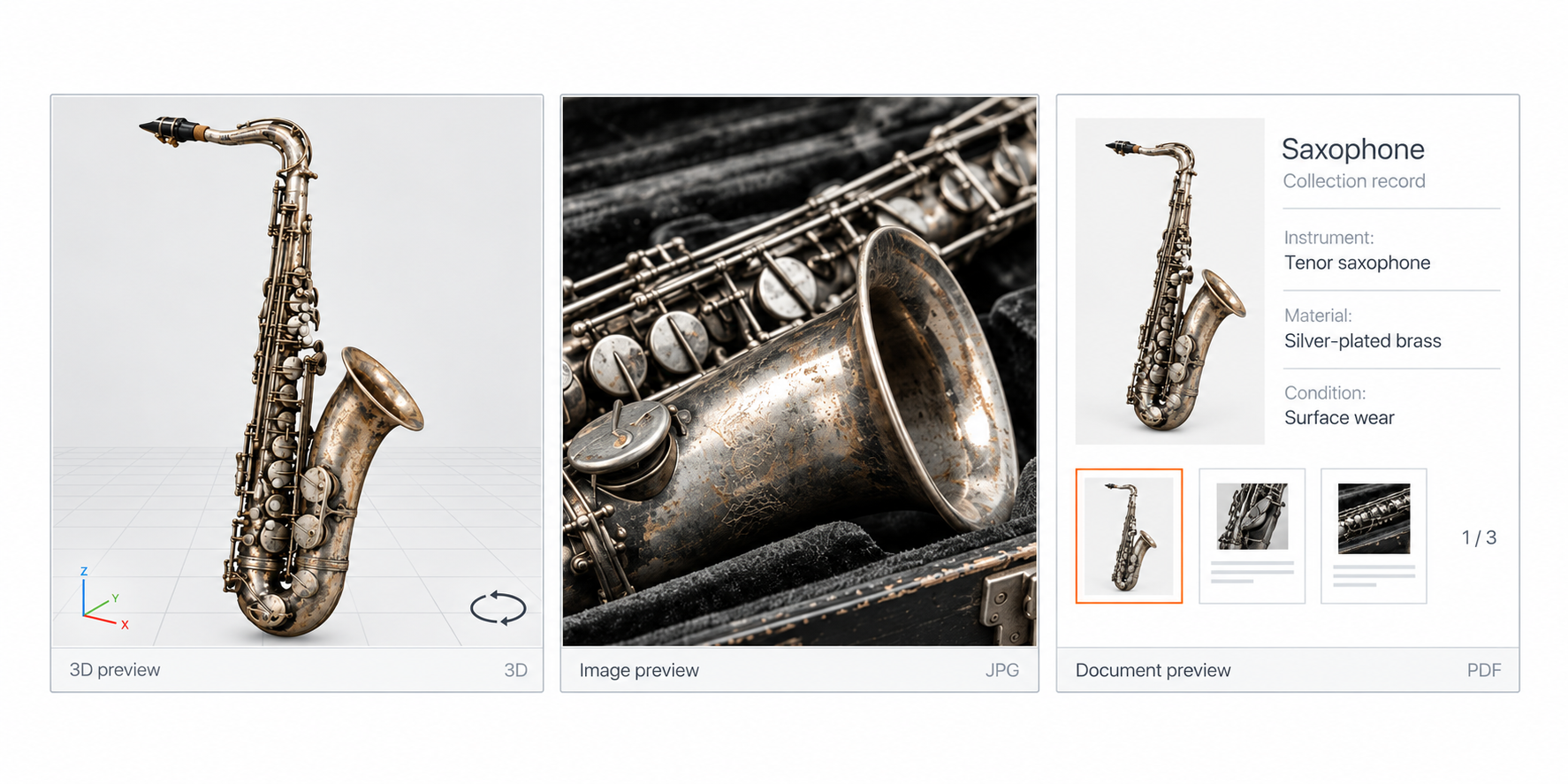Silver saxophone shown in three previews