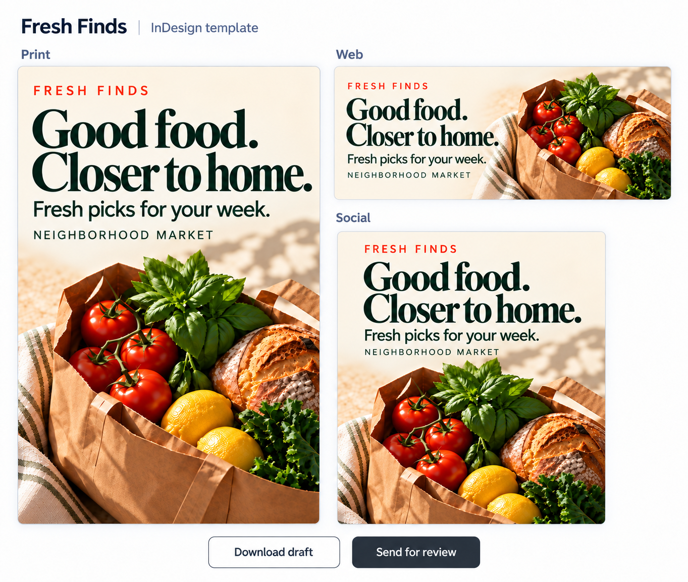 Fresh Finds template across print, web, and social formats
