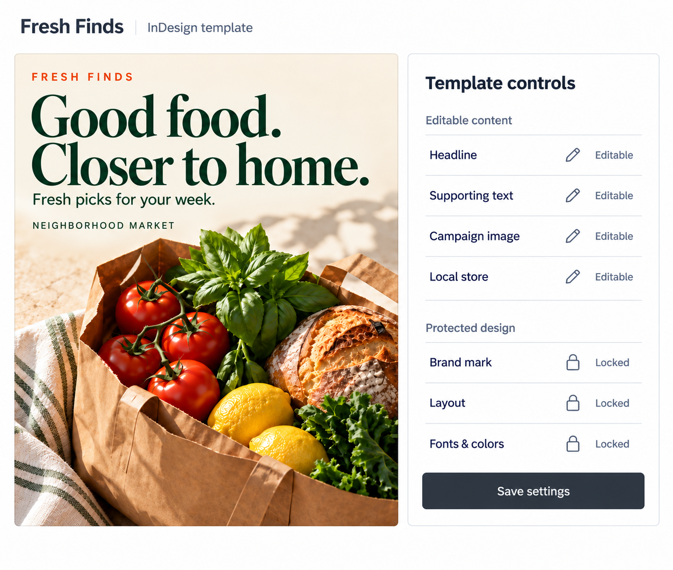 Fresh Finds template with locked brand elements