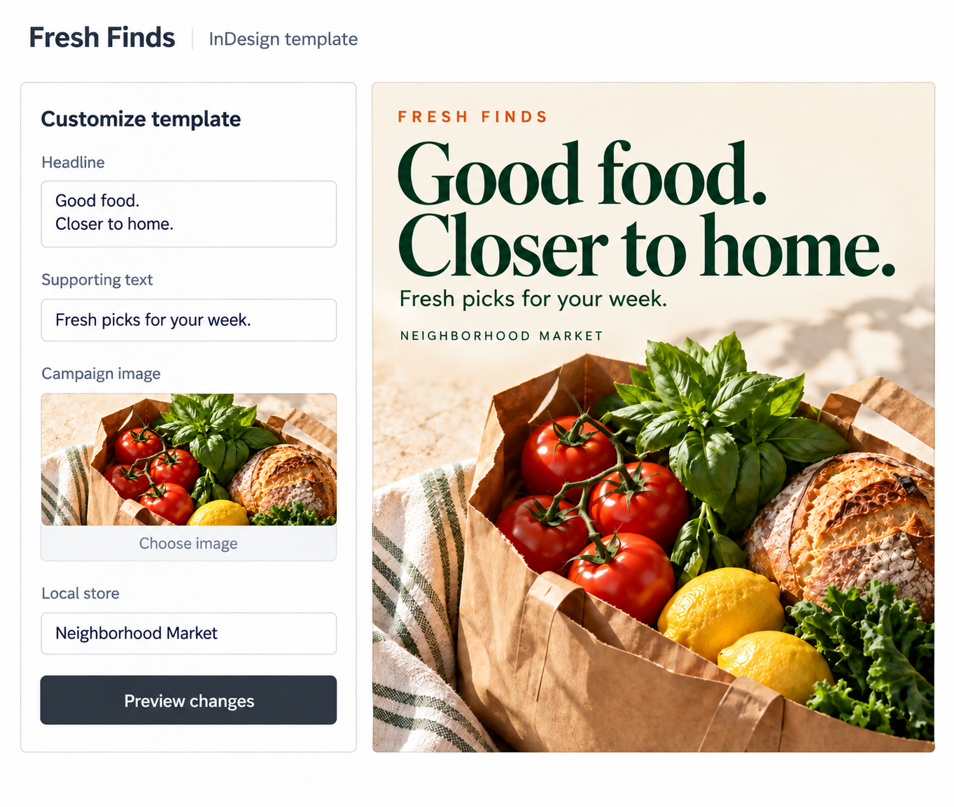Fresh Finds template editor with editable fields