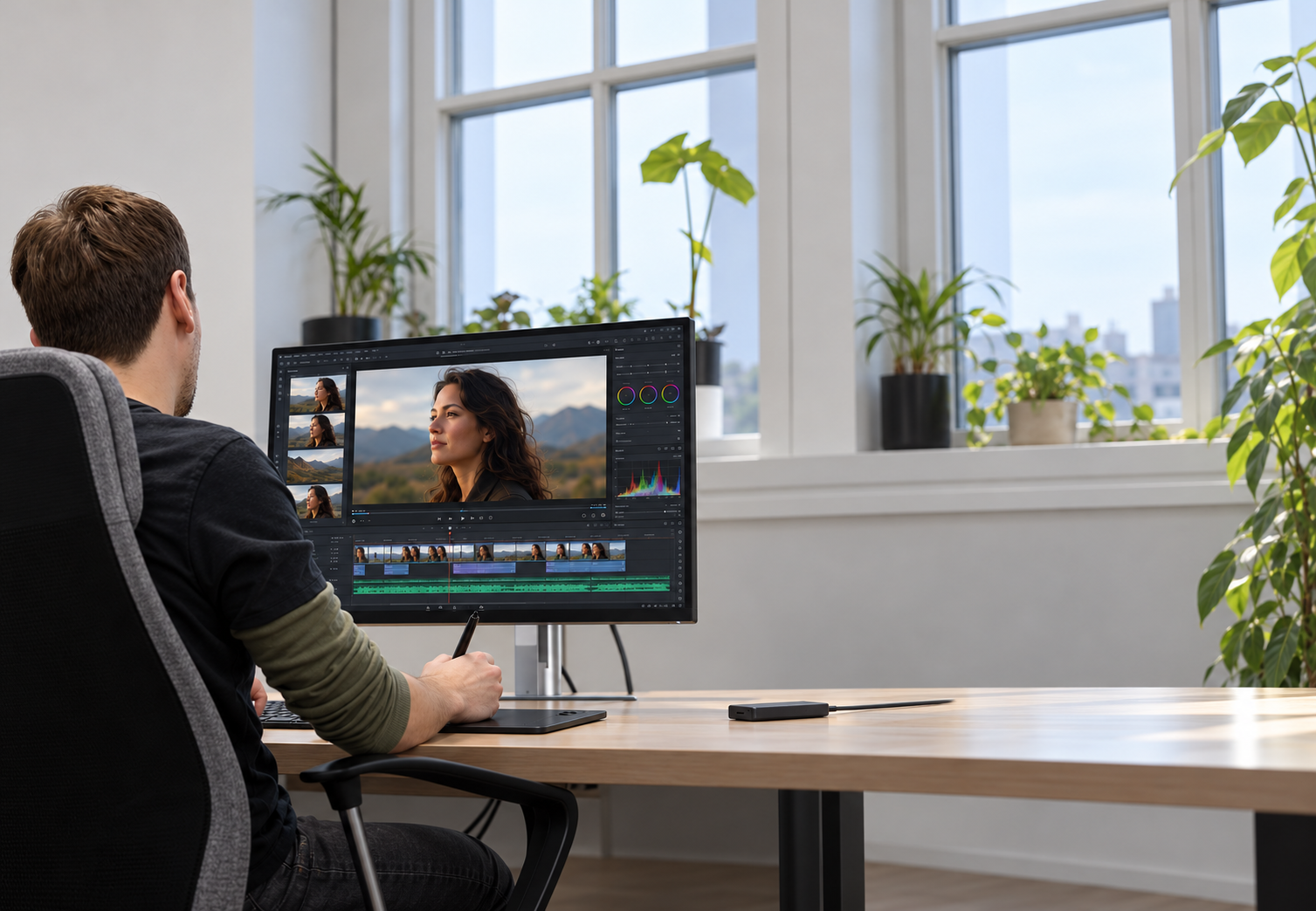 Editor at work, mountain on screen
