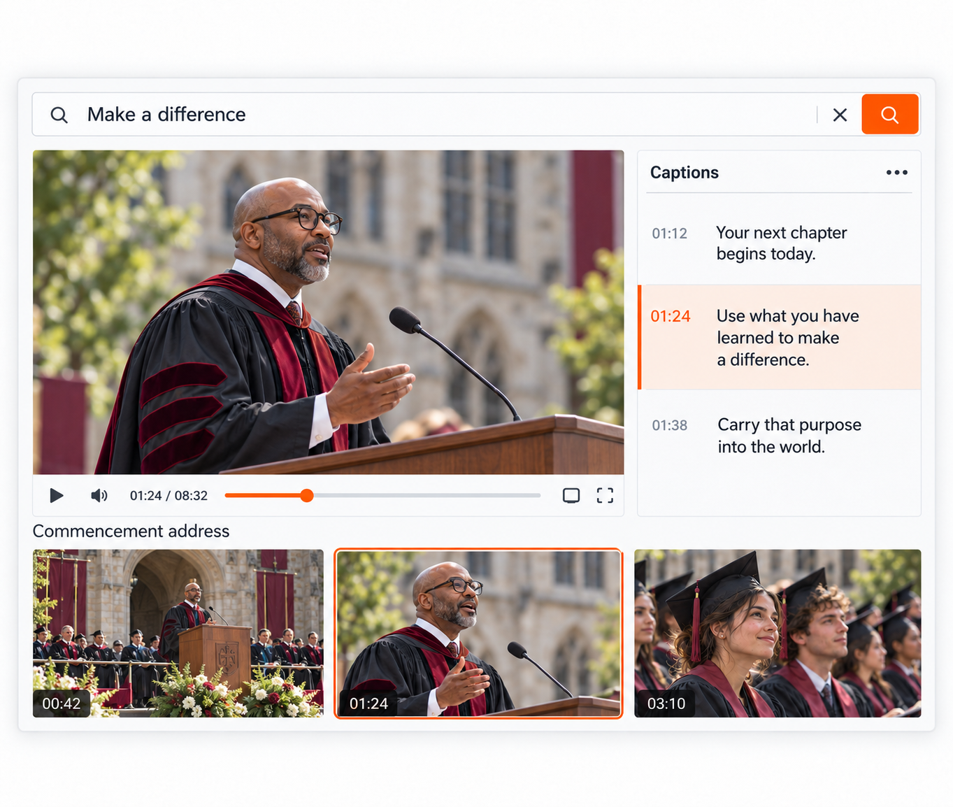 Commencement video transcript search