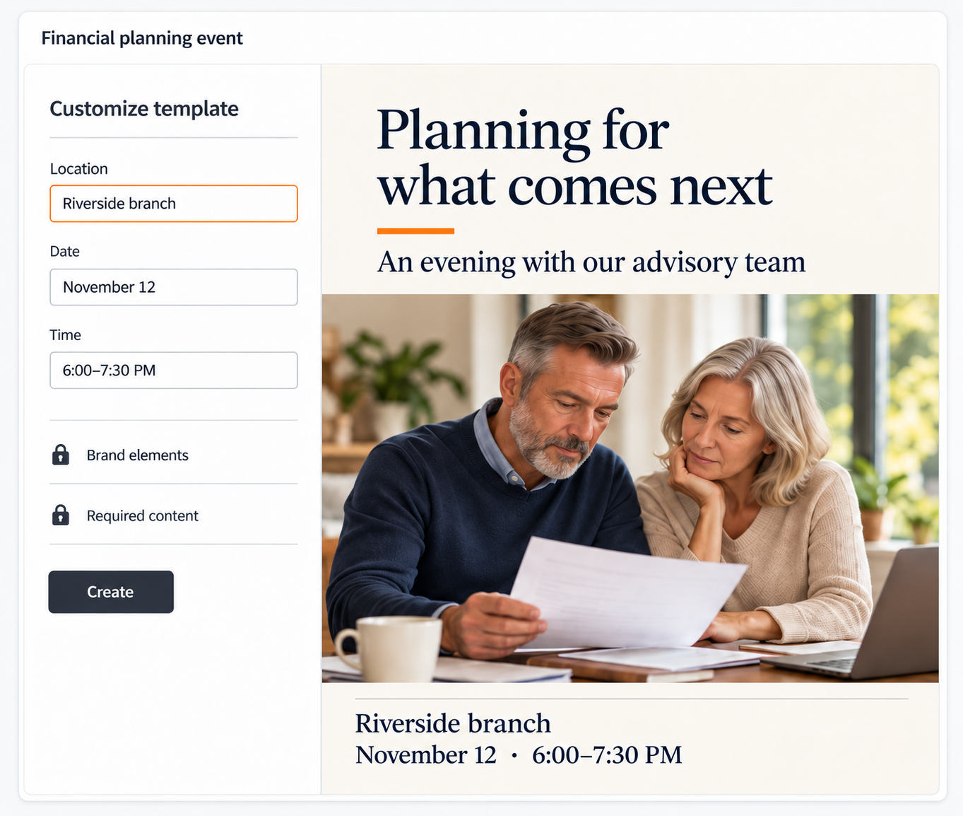 Financial planning invitation template editor