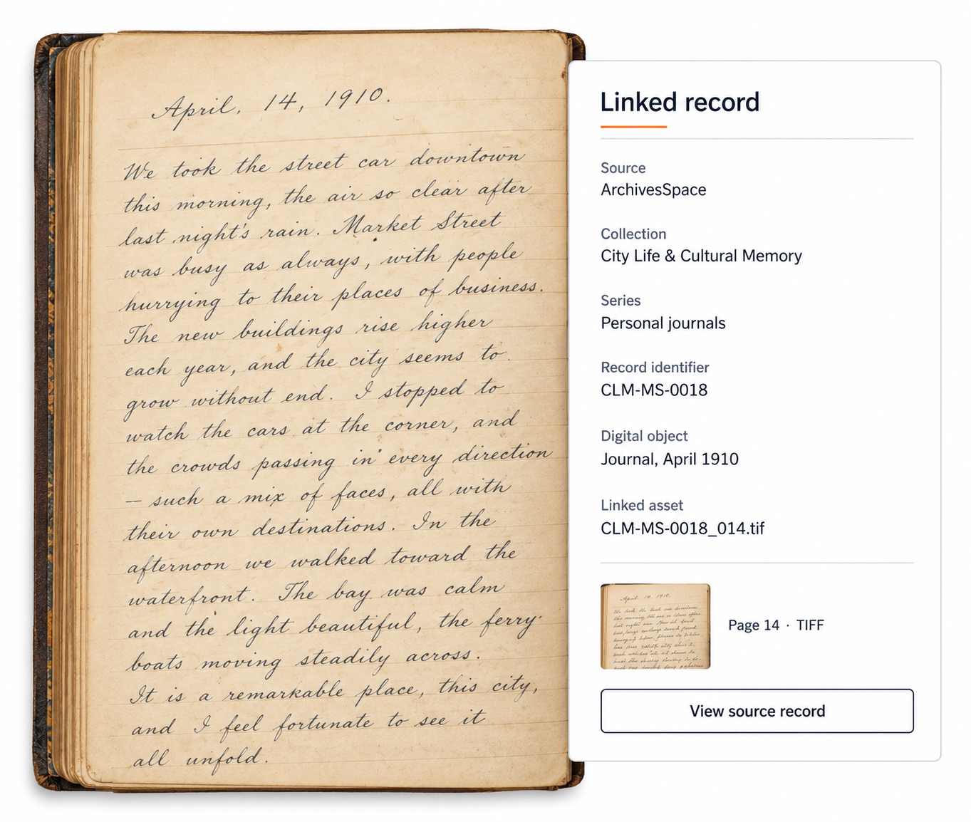 Handwritten archival journal linked to its collection record