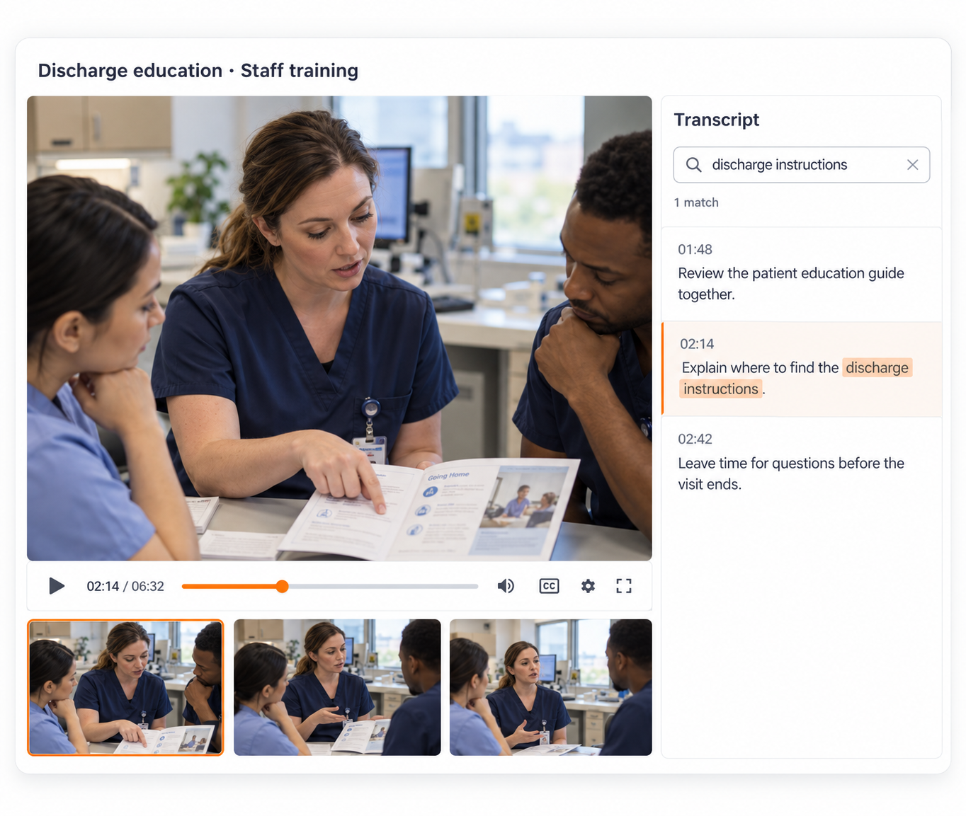 Discharge education video transcript search