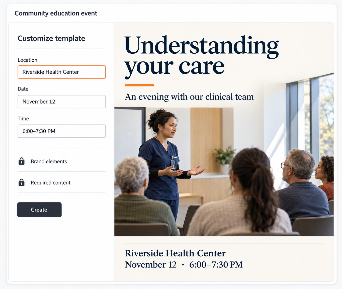 Healthcare community event template editor