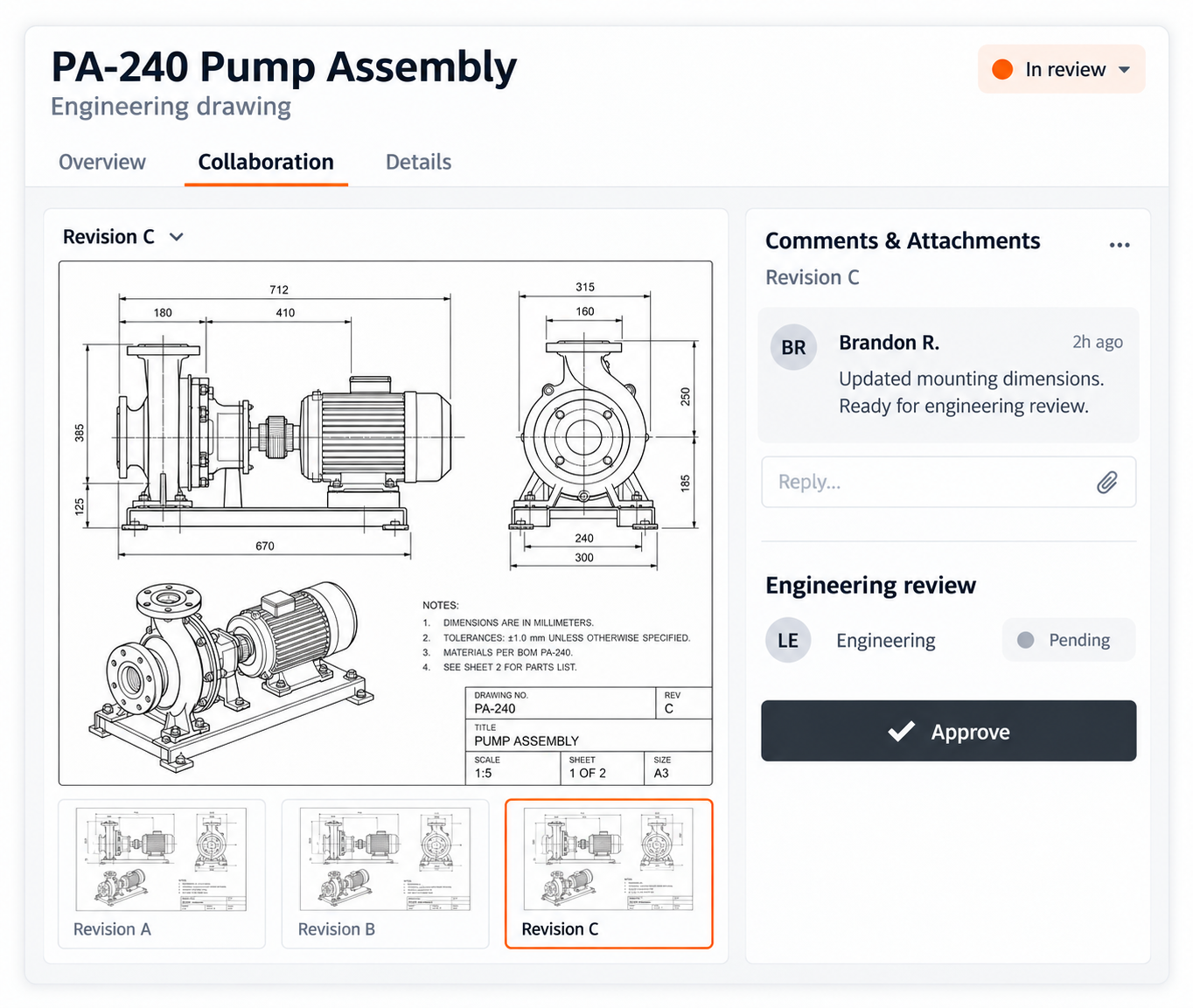 Pump assembly engineering revision review
