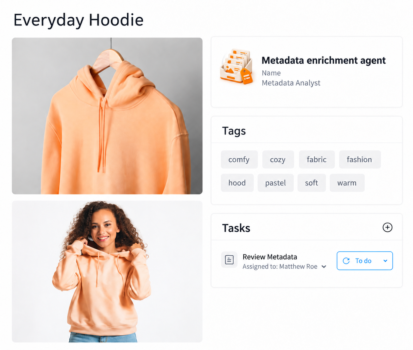 Metadata agent dashboard with hoodie details