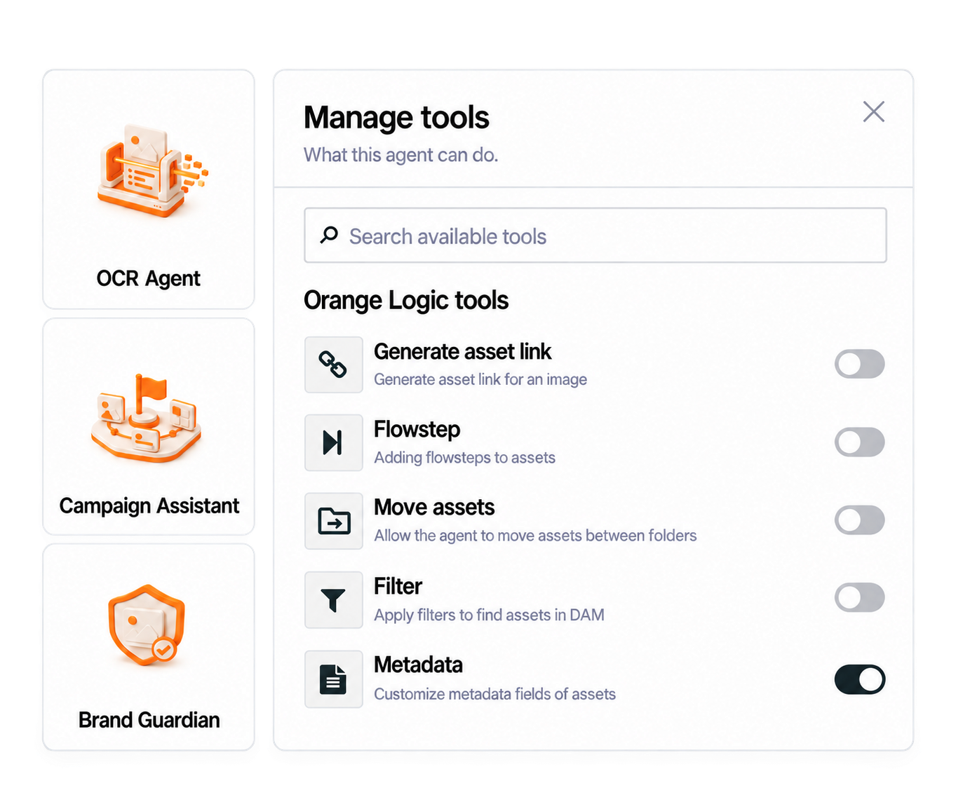 Orange Logic agent tools panel