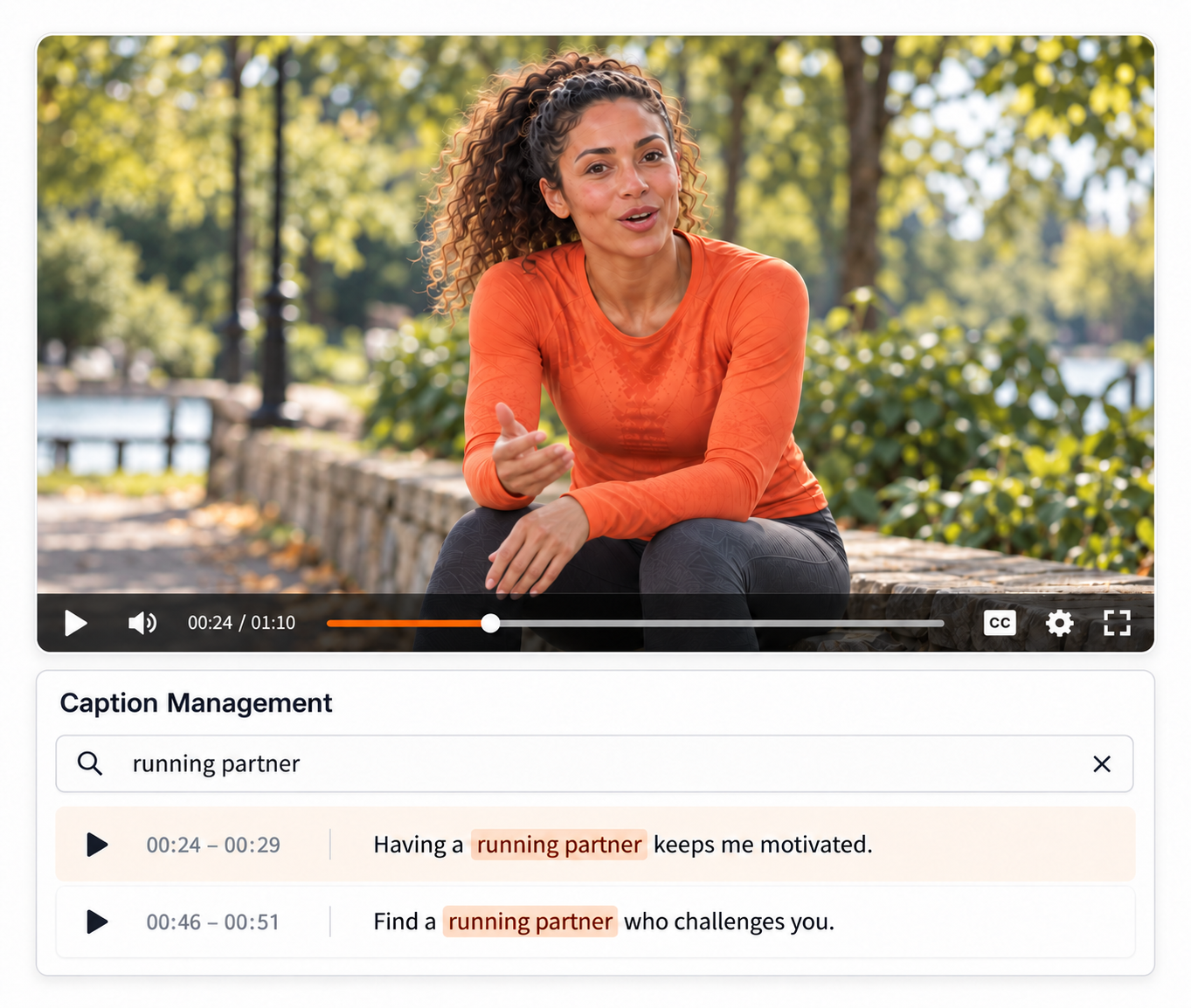 Caption search finding the moment a runner says running partner inside a video