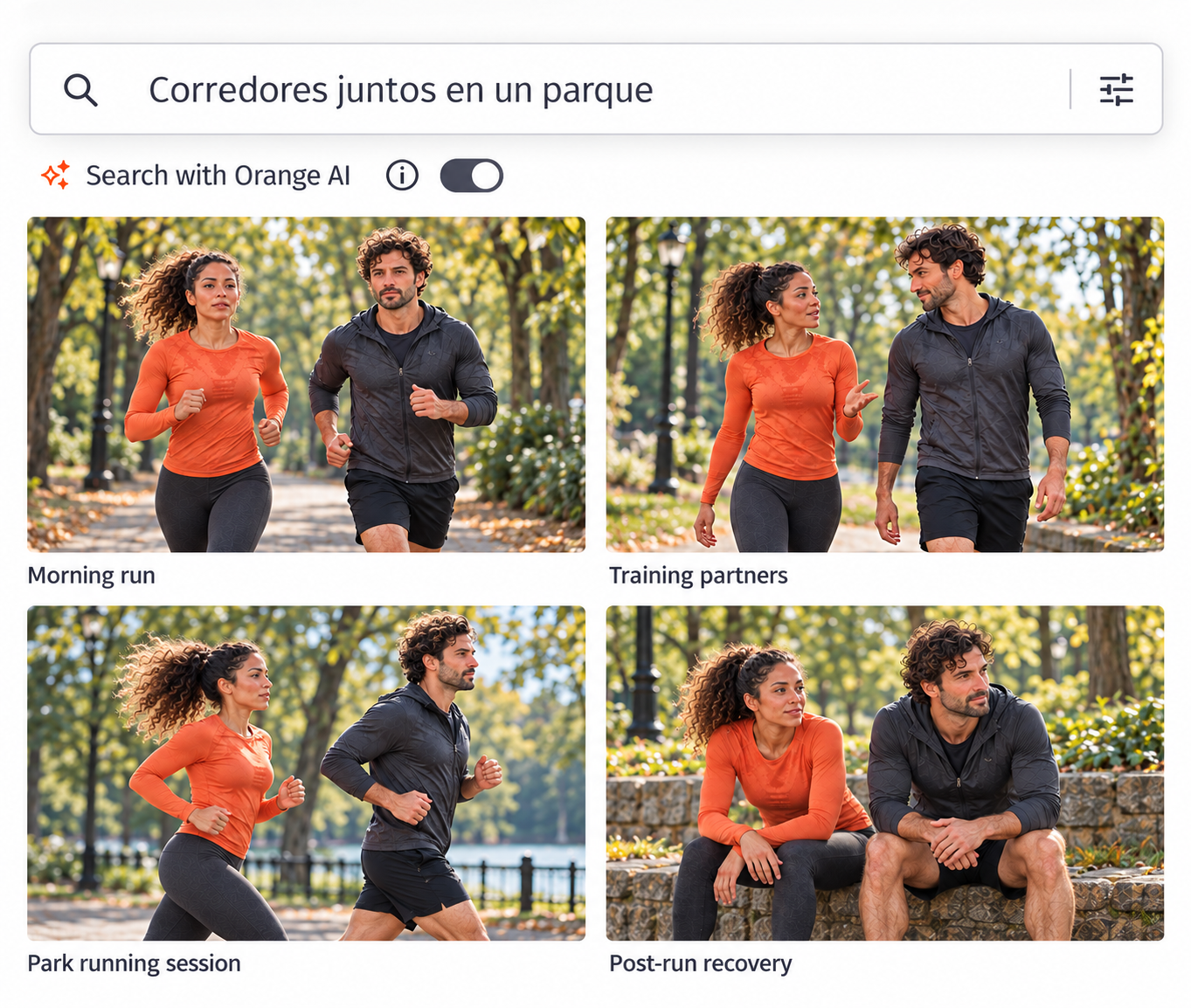 Spanish-language AI search returning photos of runners in a park