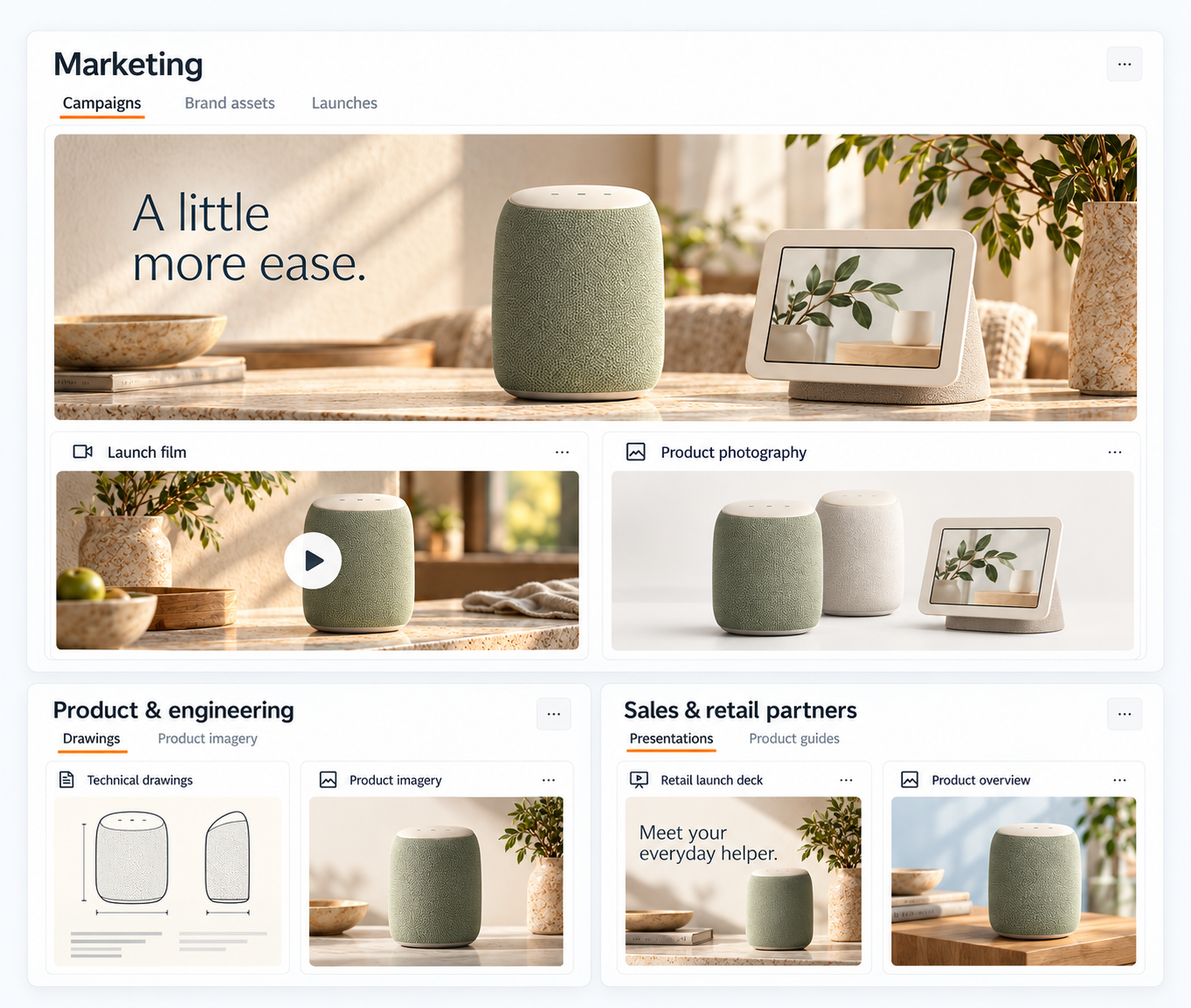 Three tailored team workspaces for a smart speaker product