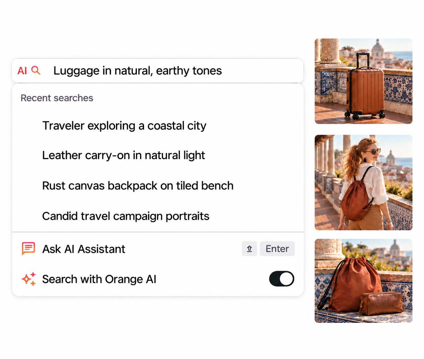 Travel discovery interface with luggage thumbnails