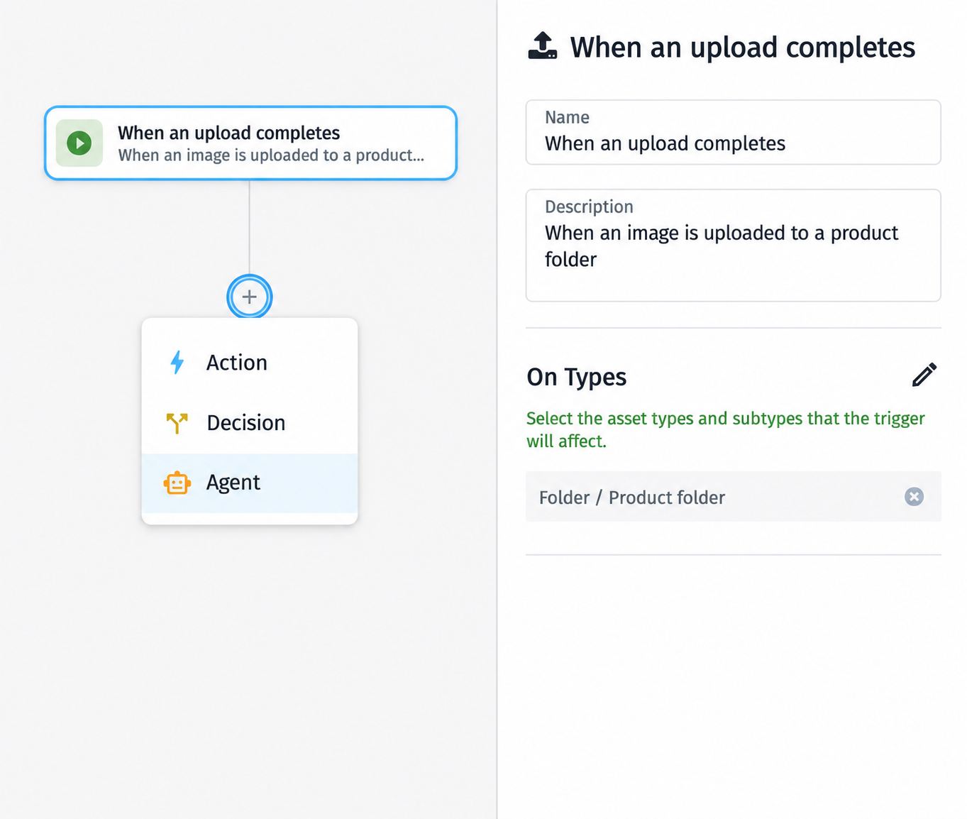 Workflow builder with upload trigger