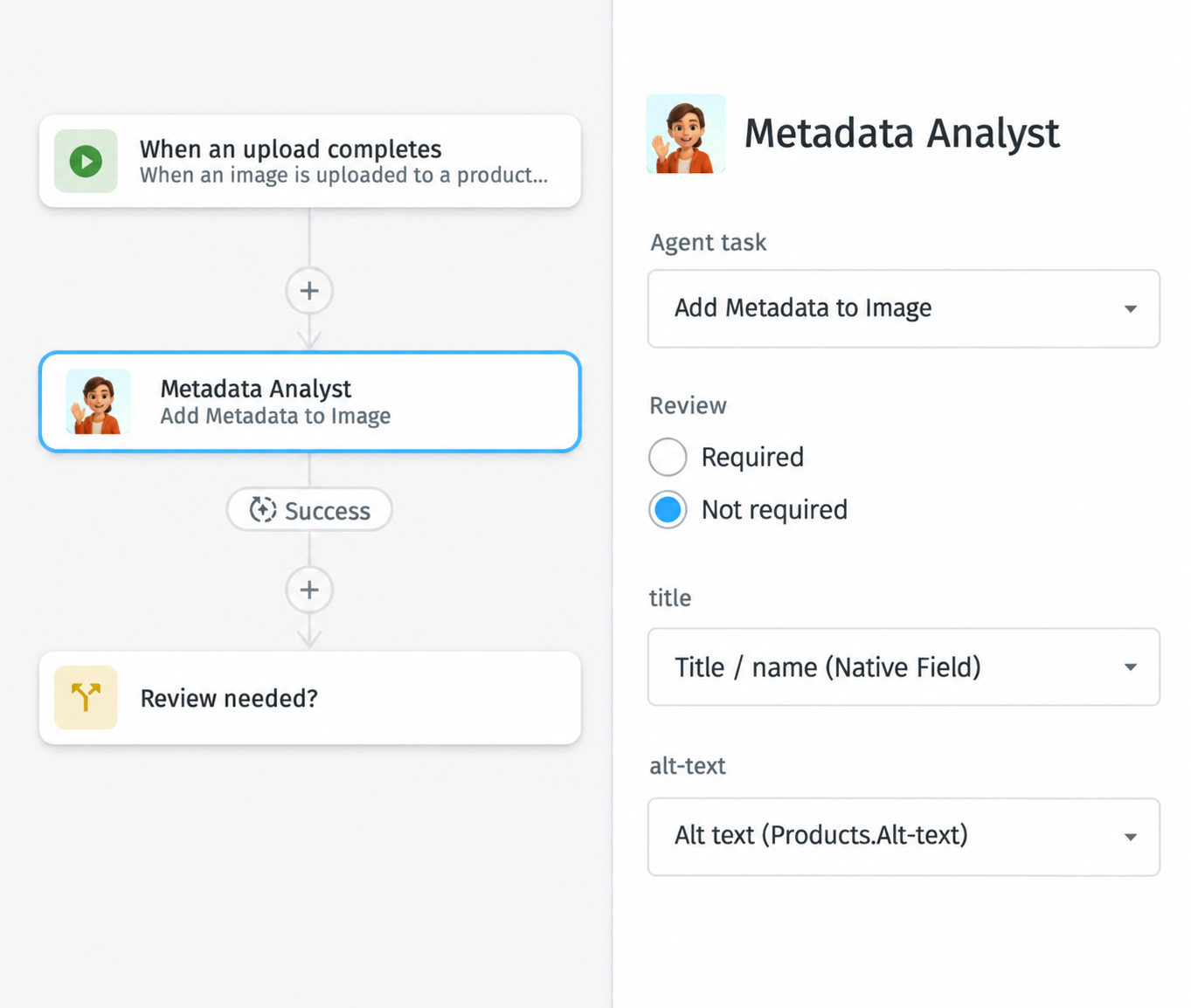 Orange Logic workflow with a Metadata Analyst specialist agent step and its task settings