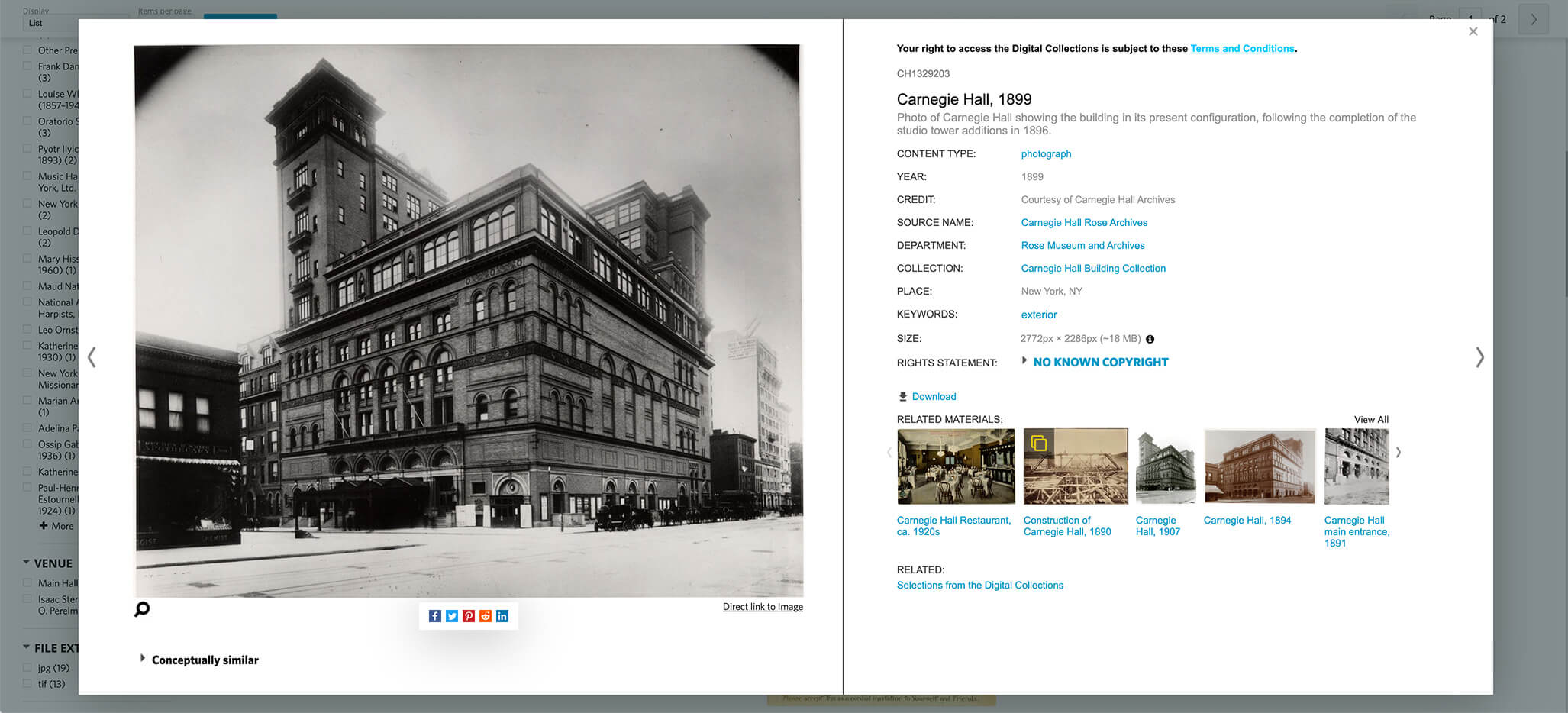 Screenshot of Carnegie Hall's Digital Collections