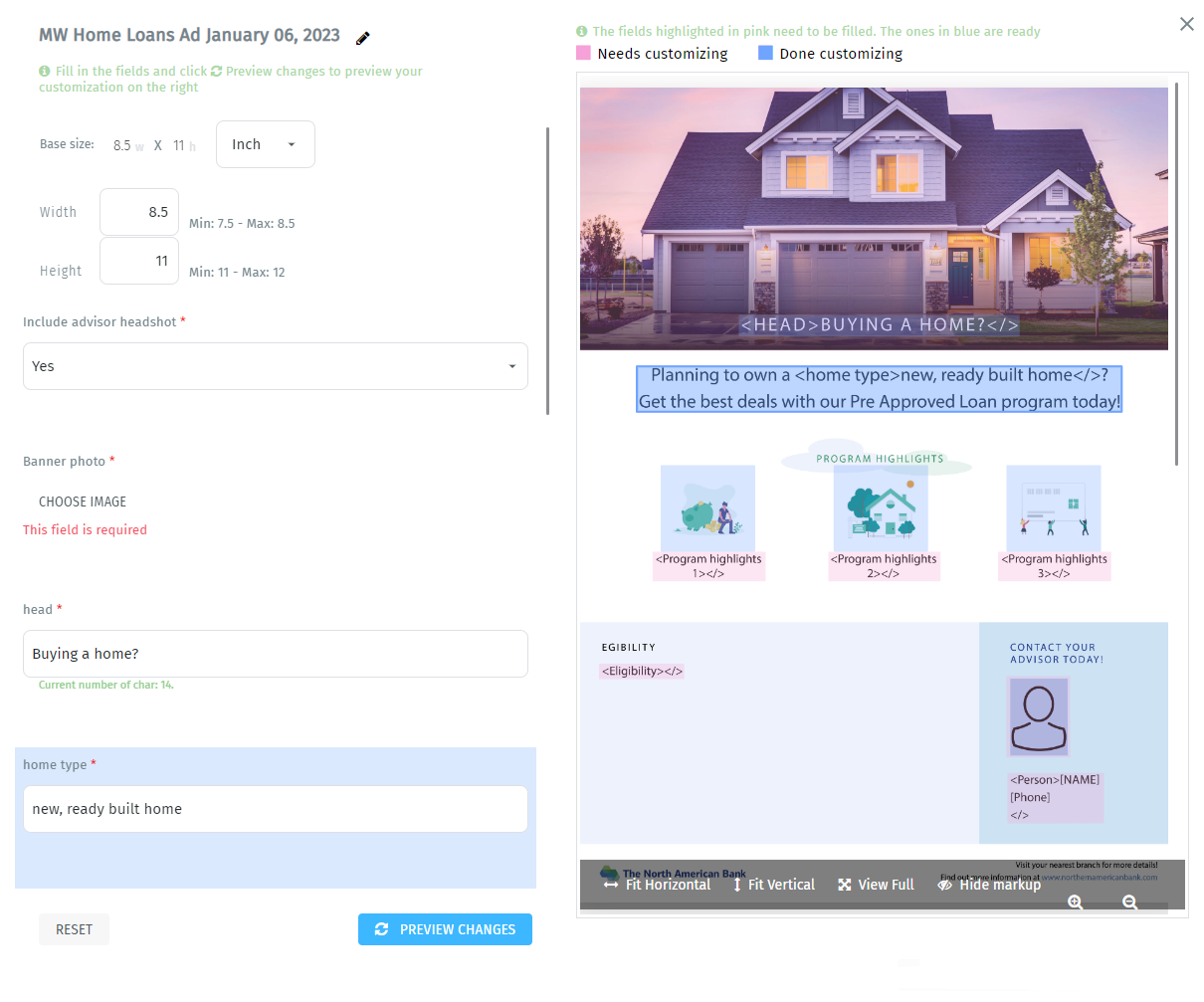 Customizable web-to-print template