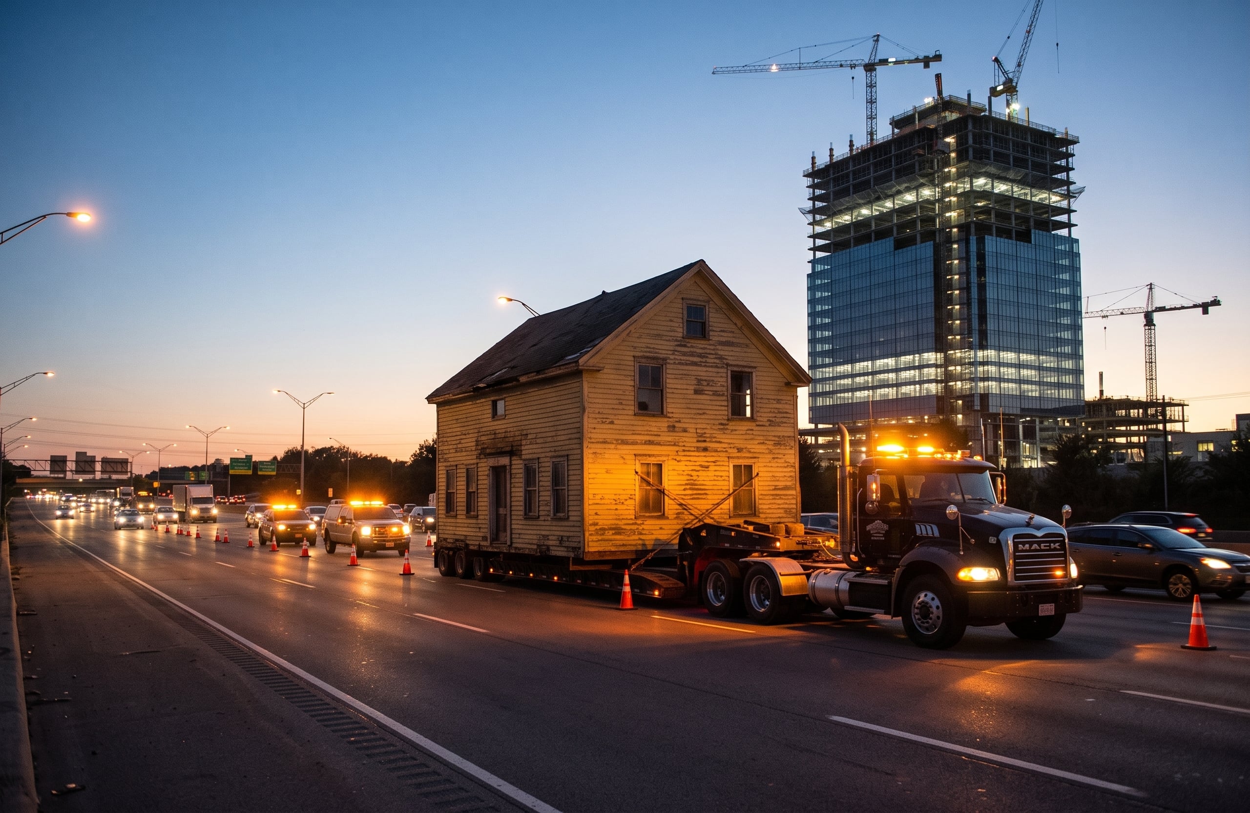 OpenText OTMM alternatives: a legacy house being relocated past a modern high-rise under construction, symbolizing the choice between moving OTMM as-is versus modernizing to a new DAM platform.