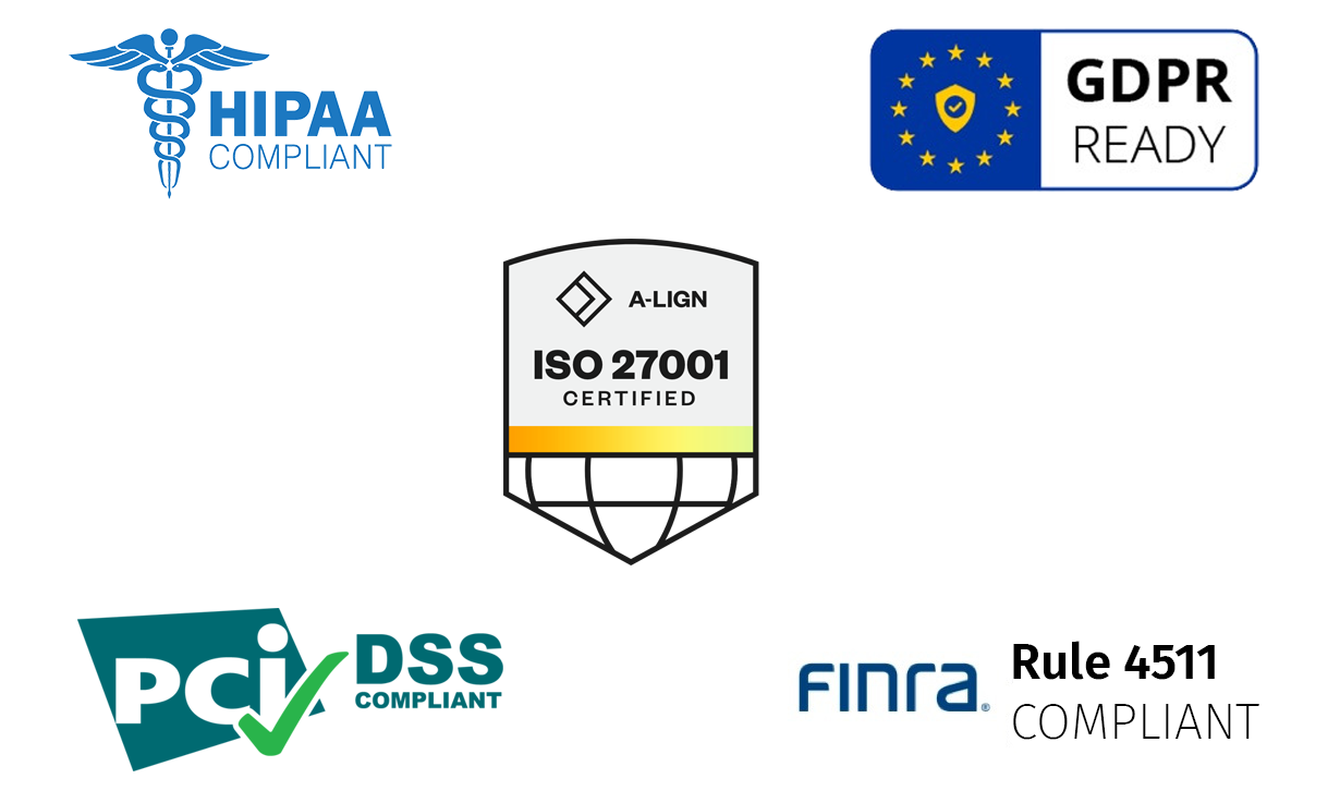 HIPAA, GDPR, ISO 27001, DSS and FINRA Rule 4511 Compliant