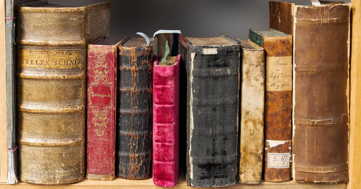 Row of antique, leather-bound books on a wooden shelf.