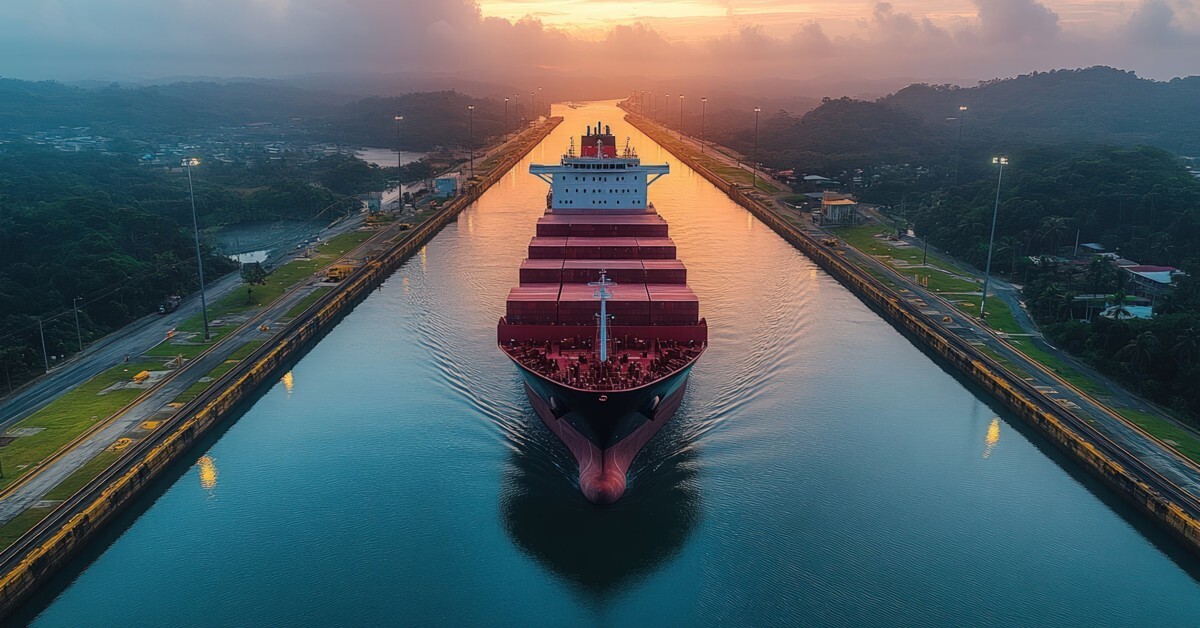 Aerial view of a container ship moving through a canal at sunset, with forested hills on both banks.