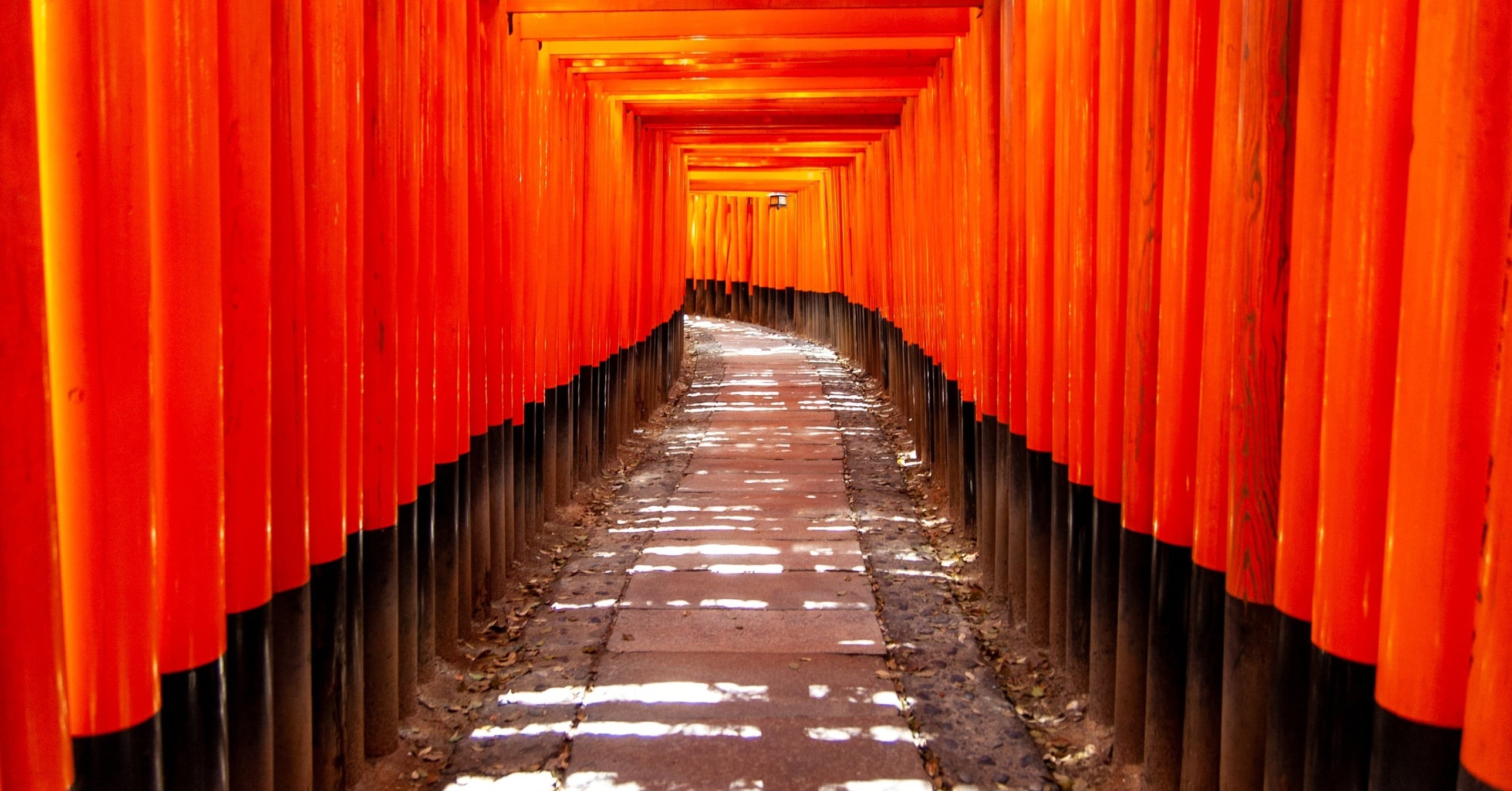 A stone path through a long tunnel of vermilion torii gates, with sunlight dappling the ground.