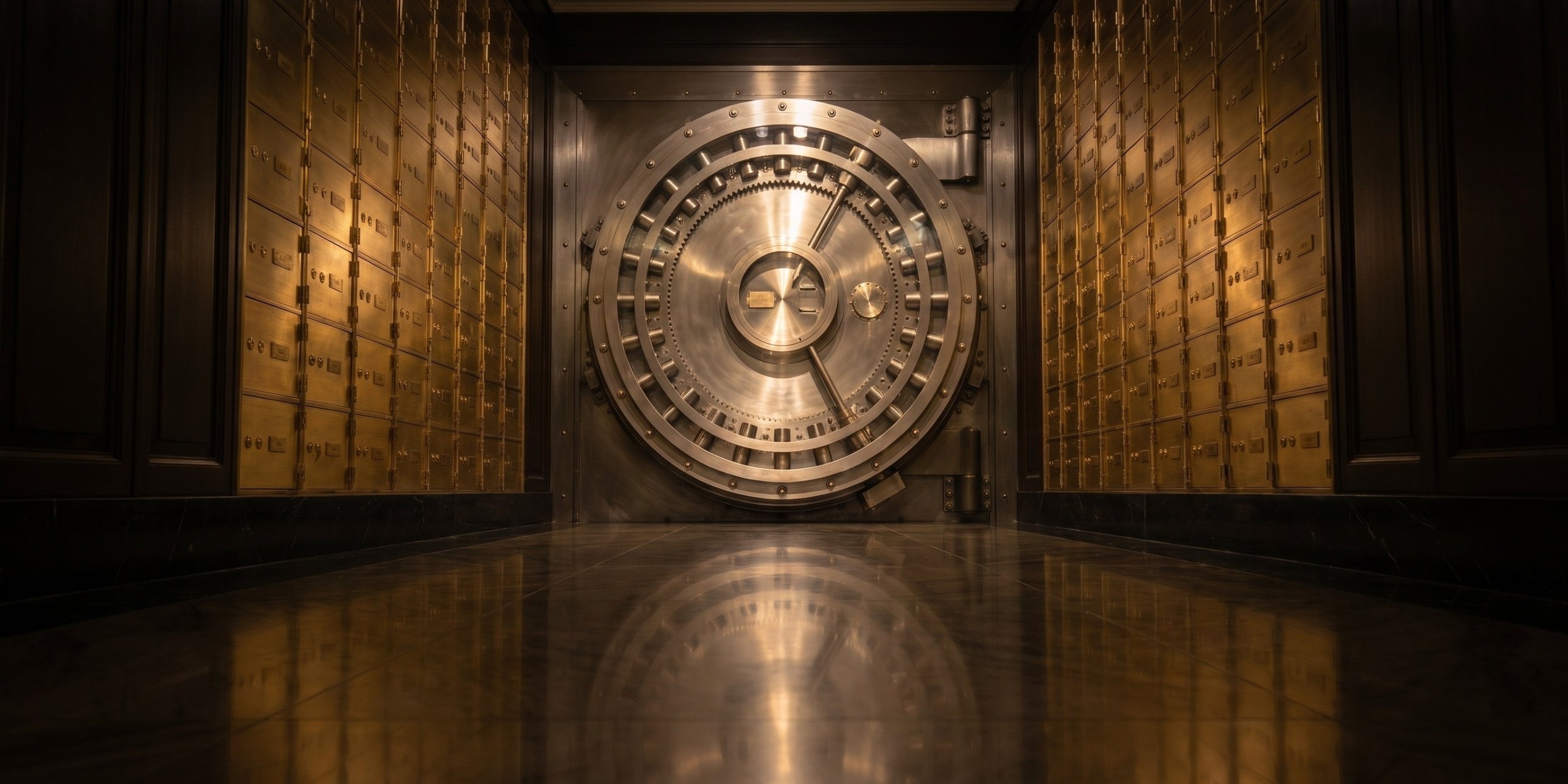 Round steel bank vault door at the end of a corridor lined with brass safe-deposit boxes, reflected in a polished floor.